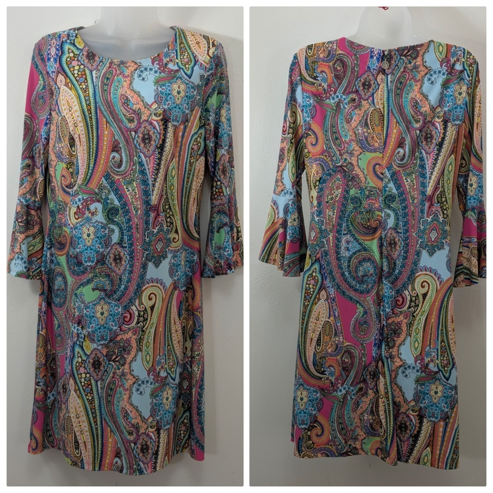 Tommy Hilfiger Multicolor Paisley Midi Dress Stretch Size 6 Bell Sleeves